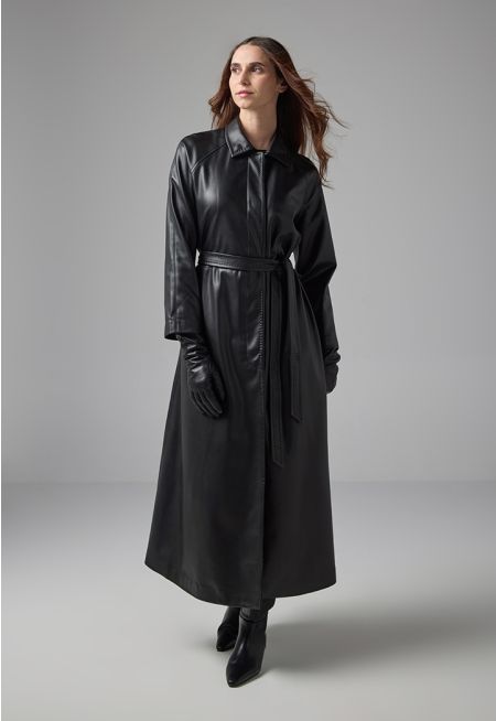 PU Leather Belted Trench Coat 