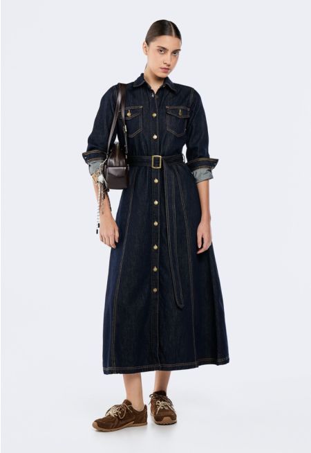 Stitch-Embellished Belted Denim Dress