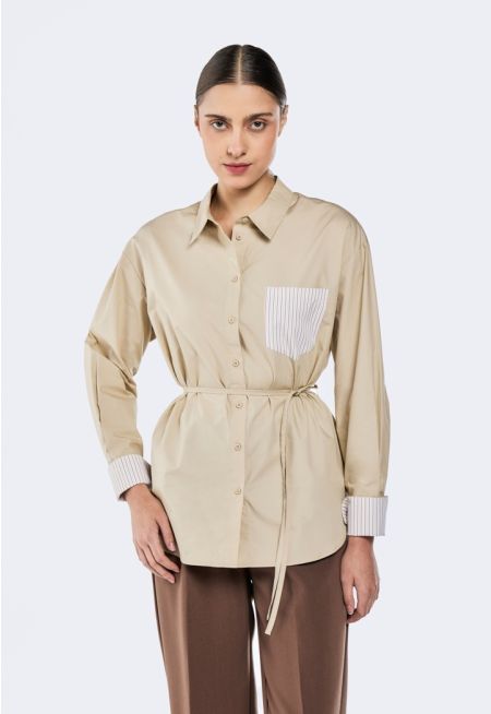 Tie-Belt Shirt With Stripe Details