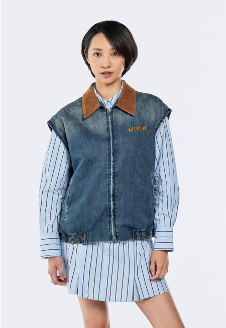 Denim Vest With Corduroy Collar