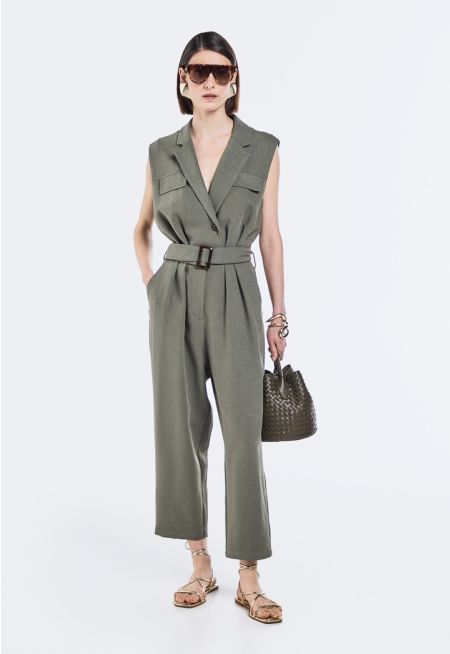 Notched Collar Belted Jumpsuit