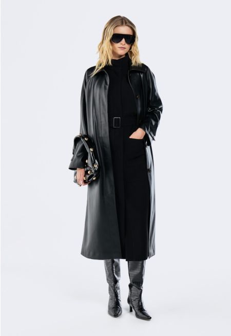 PU Leather Belted Trench Coat
