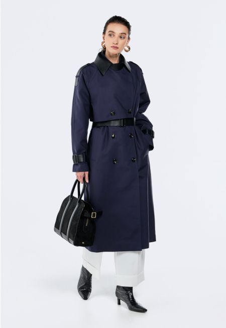 Trench Coat With PU Leather Trims