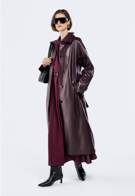 PU Leather Belted Trench Coat