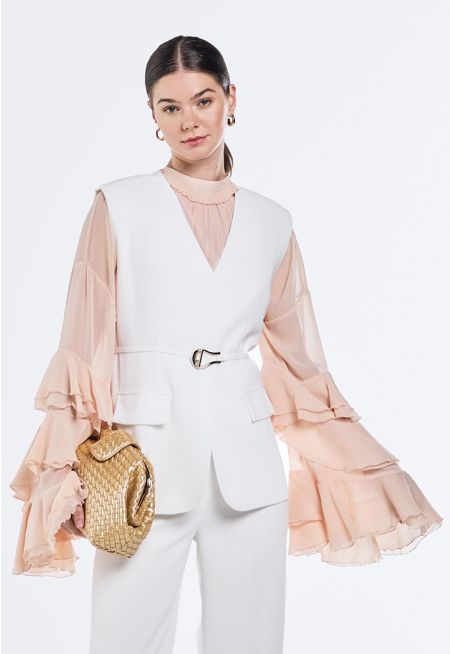  Solid V-Neck Belted Vest