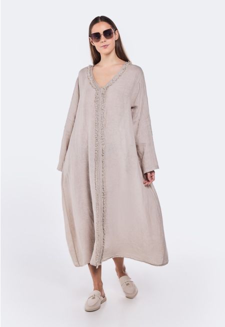 Solid Lace Frayed Linen Dress