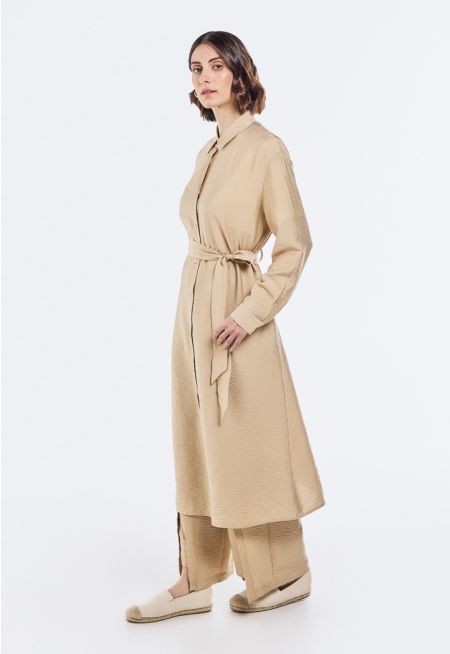 Crinkled Belted Shirt Dress