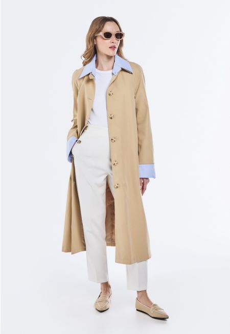 Detachable Striped Collar Trench Coat
