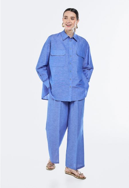 High Waist Trousers in Cotton-Linen