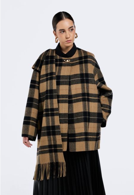 Plaid Jacket with Attached Scarf
