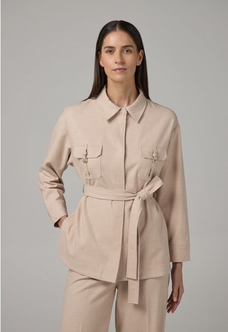 Solid Front Pockets Belted Shirt
