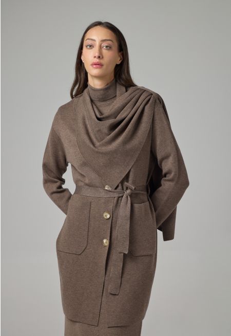 Solid Knitted Belted Cardigan With Scarf