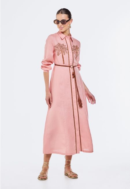 Embroidered Linen Shirt Dress (2PCS)