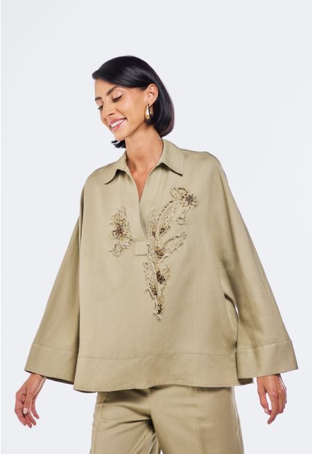 Embroidered Beaded Linen Blouse