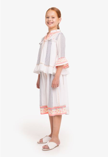 Embroidered Striped Blouse & Trouser Set