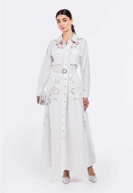 Belted Dress with Floral Embroidery