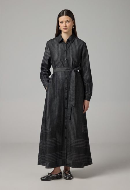 Striped Long Sleeve Denim Shirt Dress