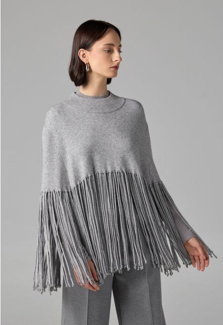 Crew Neck Tassels Poncho