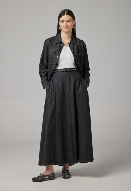 Solid Flared Denim Skirt