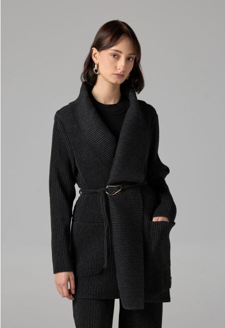 Knitted Ribbed Belted Cardigan