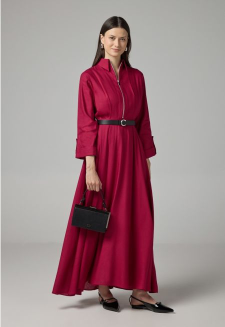 Solid Belted Flared Dress