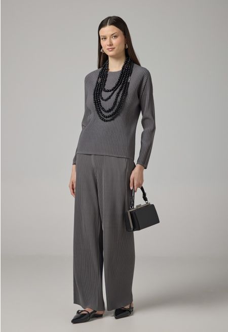 Wide Leg Pleated Solid Trousers