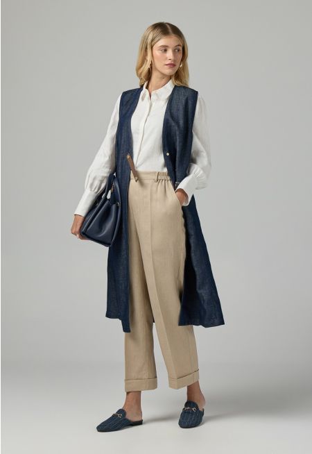 Solid Elastic Waist Linen Trousers