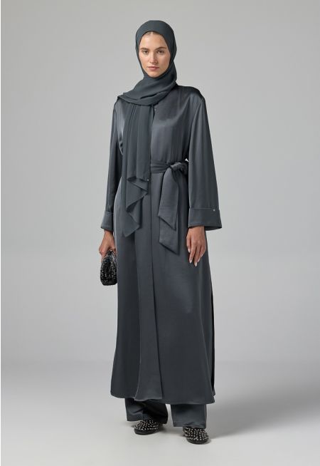 Long Sleeve Solid Open Abaya With Hijab (2Pcs)