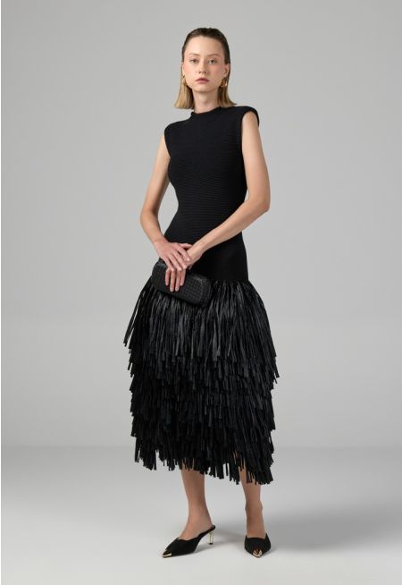 Sleeveless Raffia Fringe Knitted Dress
