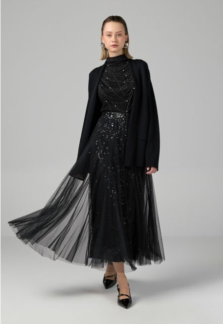 Sequins Mesh Flared Skirt