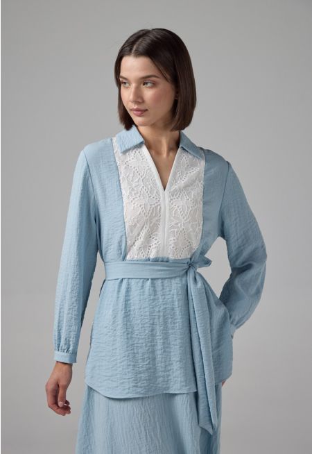 Crinkled Lace Embellished V-Neck Blouse