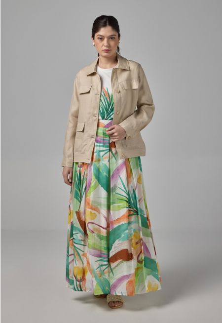 Pleated Printed Maxi Skirt