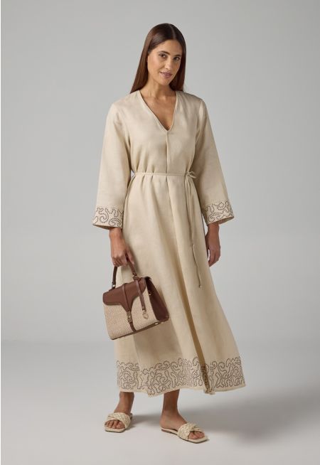 Solid V-neck Linen Dress