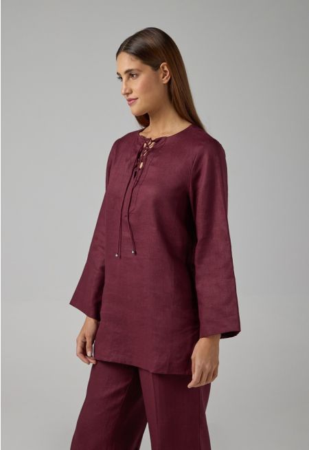 Solid Drawstring Linen Blouse 