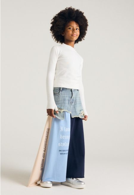 Striped Printed Hems Denim Skirt