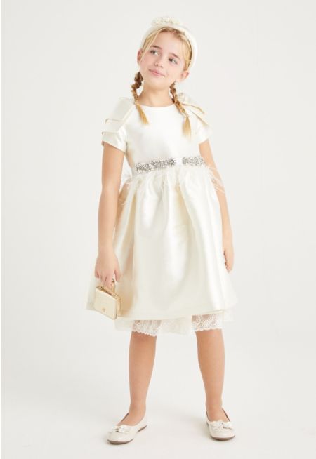 Faux Feather Belted Dress