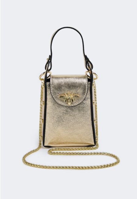 Butterfly Embellished Genuine Leather Crossbody Bag