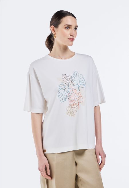 Multicolor Leaf-Embroidered T-Shirt