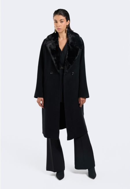 Faux Fur Lapel Wool Coat