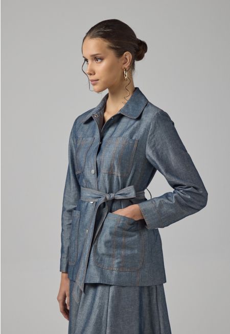 Multi Front Pocket Coat With Belt