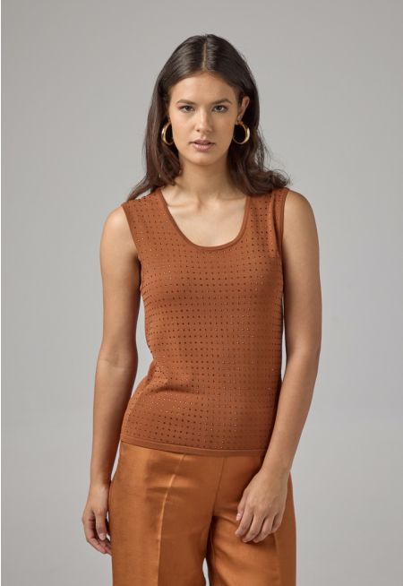 Sleeveless Crystal Embellished Knitted Top