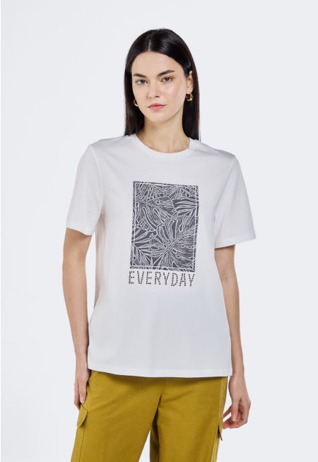 Printed Stud Embellished T-Shirt