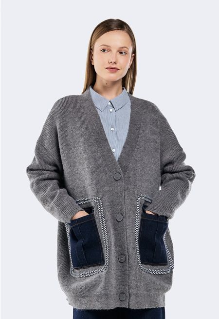 Knitted Cardigan With Denim Pockets