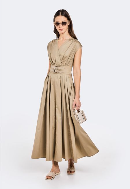 Double Belted Details Pleated Dress