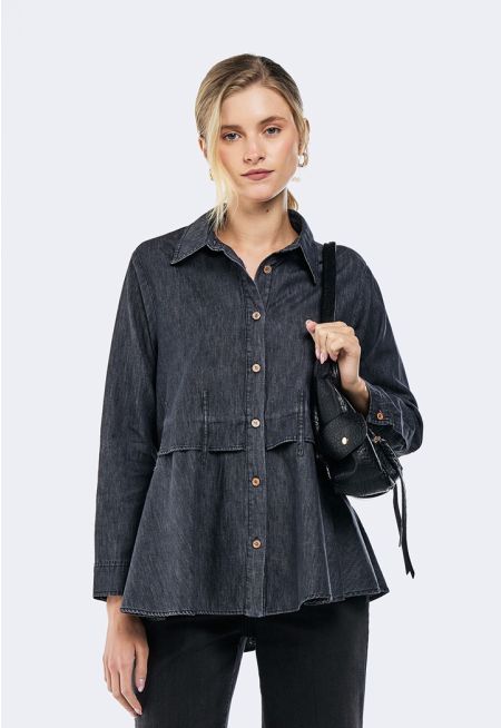 Flared -Hem Denim Shirt