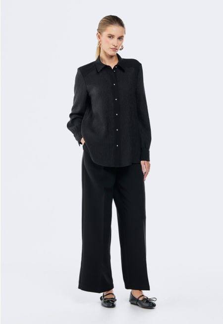 Pleated Waist PU Leather Trim Trousers