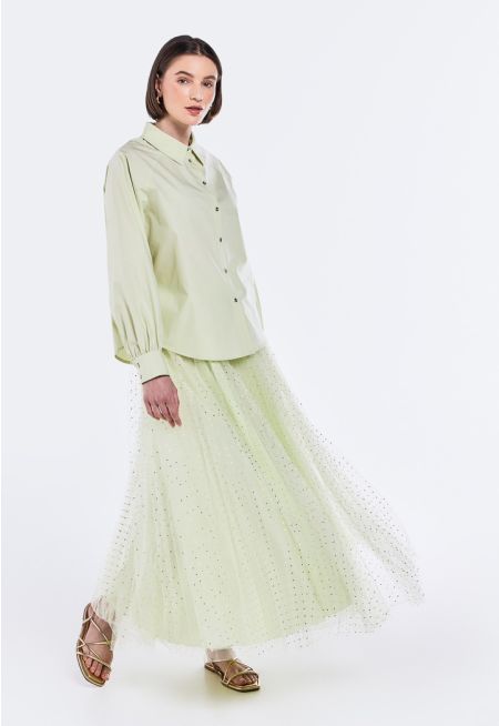 Polka Dot Mesh Pleated Skirt