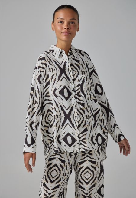 Printed High-Low Belted Shirt