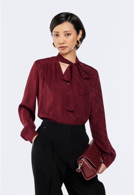 Monogram Jacquard Tie Neck Blouse
