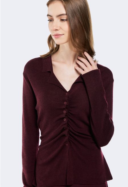 Buttoned Sweater With Gathered Front